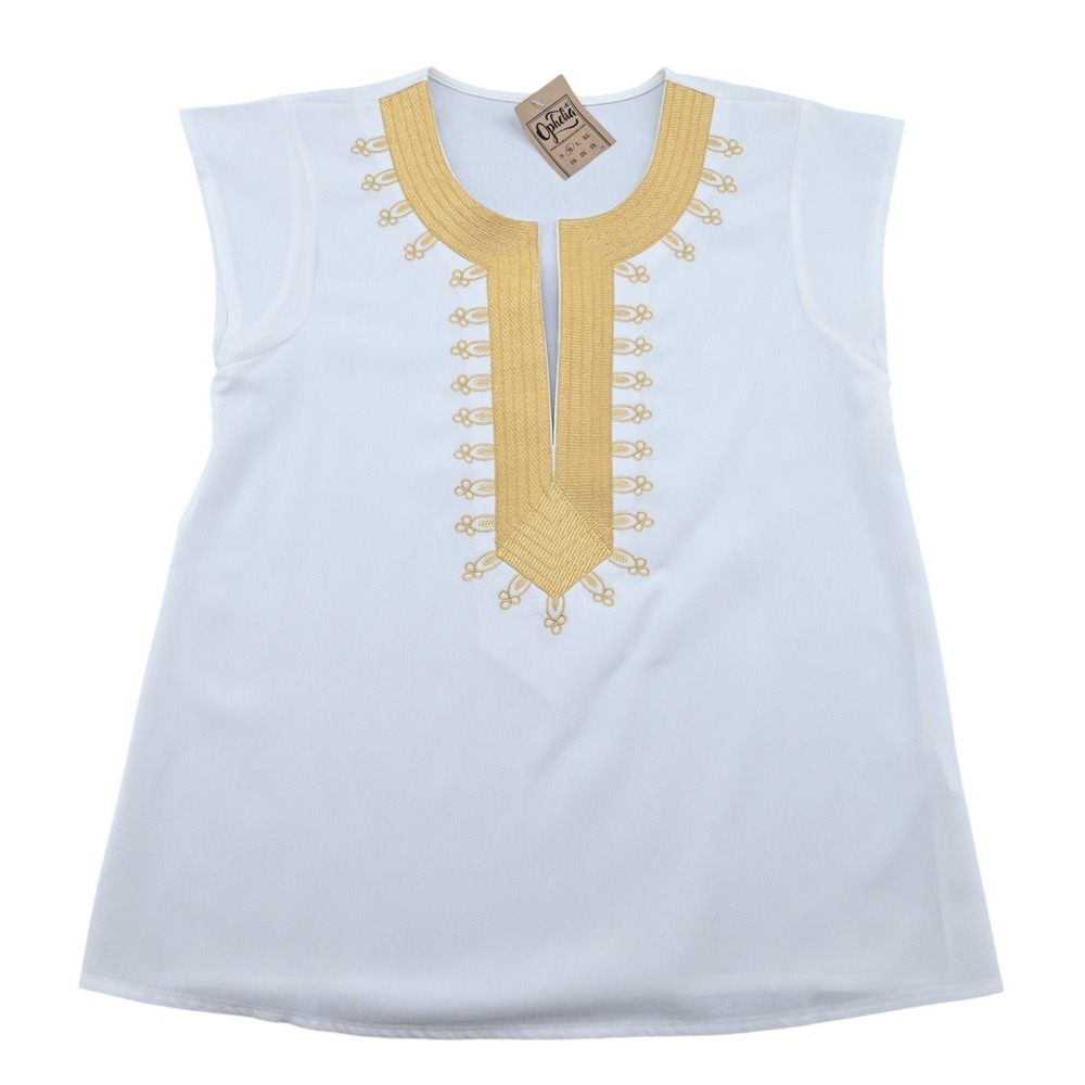 Ophelia Womens White Gold Embroidered Split Neck Tunic Top Size Medium NEW